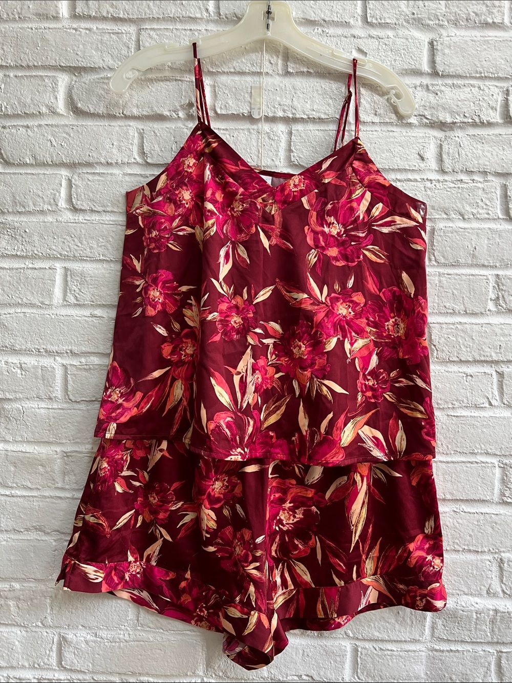STARS ABOVE Burgundy Hot Pink Orange Floral Satin Loungewear Camisole Shorts Set - Picture 3 of 15